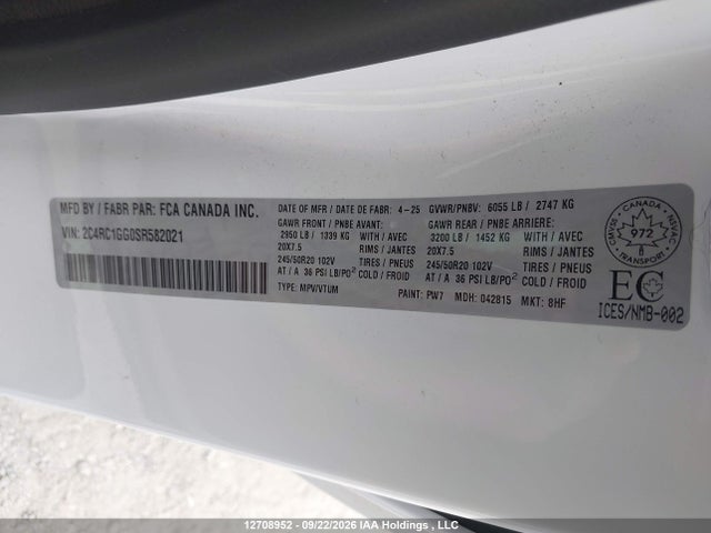 Продаж на аукціоні авто 2025 Chrysler Pacifica Limited, vin: 2C4RC1GG0SR582021, номер лоту: 12708952