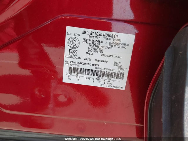 12709008 :رقم المزاد ، 2FMPK4K99KBC40978 vin ، 2019 Ford Edge Titanium مزاد بيع