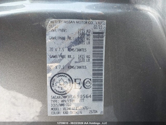 12709010 :رقم المزاد ، 5N1AR2MM9FC650564 vin ، 2015 Nissan Pathfinder S/sv/sl/platinum مزاد بيع