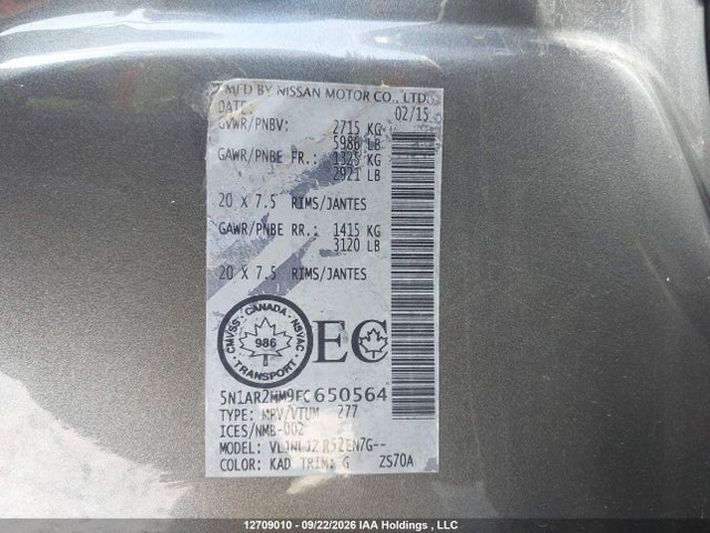 12709010 :رقم المزاد ، 5N1AR2MM9FC650564 vin ، 2015 Nissan Pathfinder S/sv/sl/platinum مزاد بيع