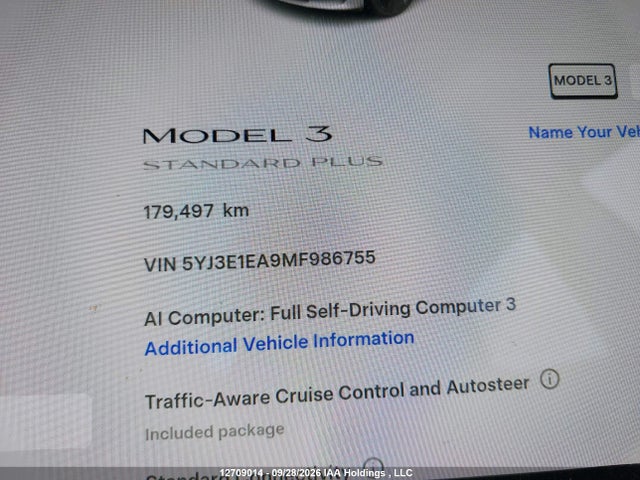12709014 :رقم المزاد ، 5YJ3E1EA9MF986755 vin ، 2021 Tesla Model 3 Standard Range/standard Range Plus مزاد بيع