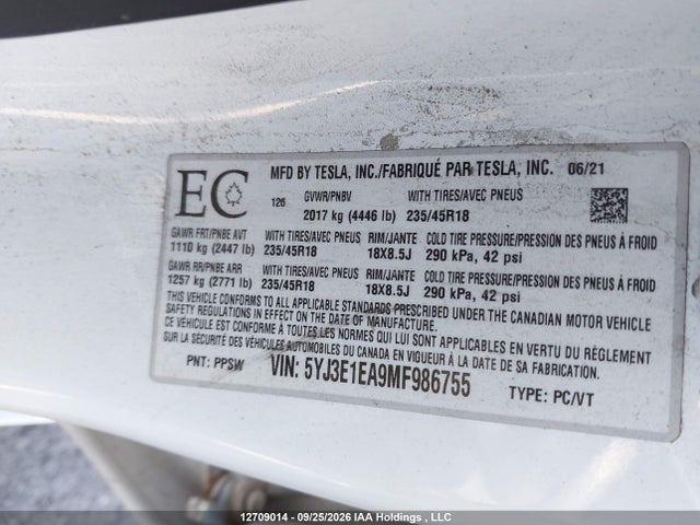 12709014 :رقم المزاد ، 5YJ3E1EA9MF986755 vin ، 2021 Tesla Model 3 Standard Range/standard Range Plus مزاد بيع