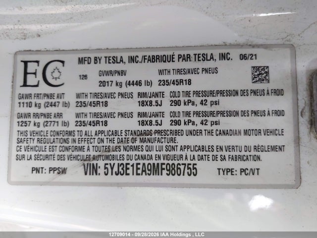12709014 :رقم المزاد ، 5YJ3E1EA9MF986755 vin ، 2021 Tesla Model 3 Standard Range/standard Range Plus مزاد بيع