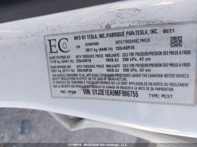 12709014 :رقم المزاد ، 5YJ3E1EA9MF986755 vin ، 2021 Tesla Model 3 Standard Range/standard Range Plus مزاد بيع