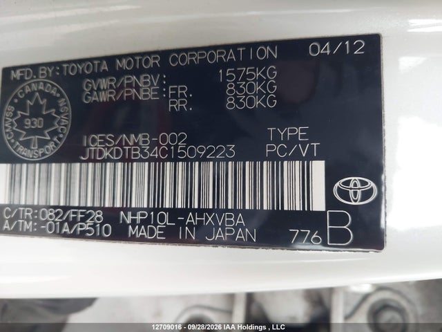 Aukcja sprzedaży 2012 Toyota Prius C Technology, vin: JTDKDTB34C1509223, numer aukcji: 12709016
