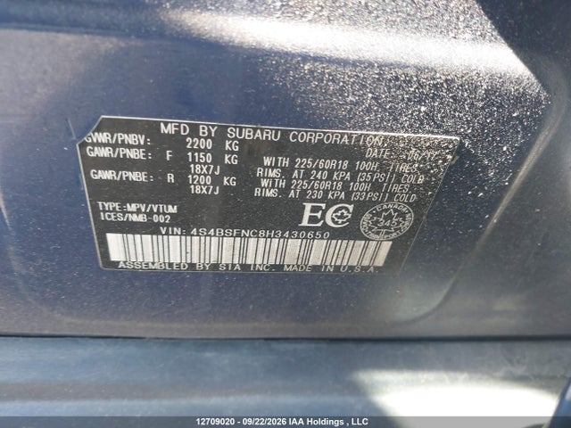 Aukcja sprzedaży 2017 Subaru Outback, vin: 4S4BSFNC8H3430650, numer aukcji: 12709020