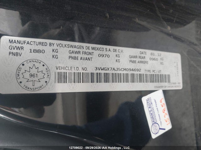 Aukcja sprzedaży 2012 Volkswagen Jetta Sel, vin: 3VWGX7AJ5CM094692, numer aukcji: 12709022