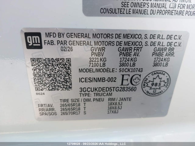 Aukcja sprzedaży 2026 Chevrolet Silverado K1500 Lt, vin: 3GCUKDED5TG283560, numer aukcji: 12709028