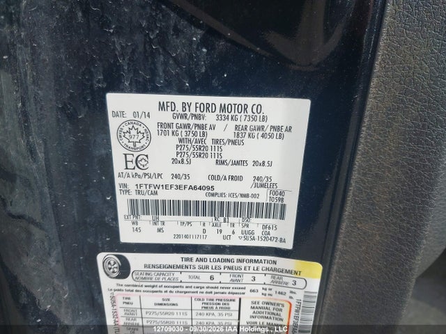 12709030 :رقم المزاد ، 1FTFW1EF3EFA64095 vin ، 2014 Ford F150 Supercrew مزاد بيع