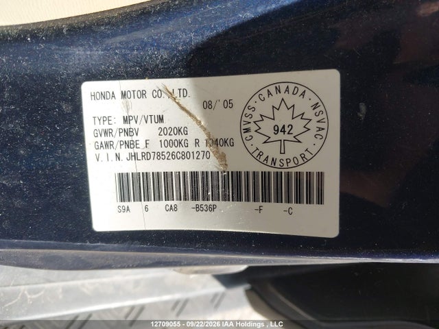 Aukcja sprzedaży 2006 Honda Cr-v, vin: JHLRD78526C801270, numer aukcji: 12709055