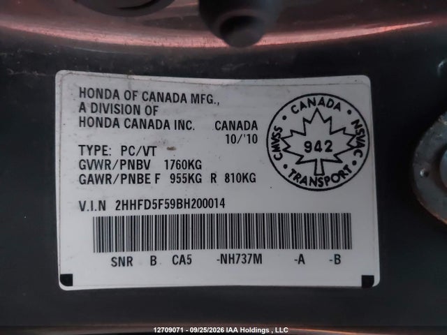 Продаж на аукціоні авто 2011 Acura Csx, vin: 2HHFD5F59BH200014, номер лоту: 12709071