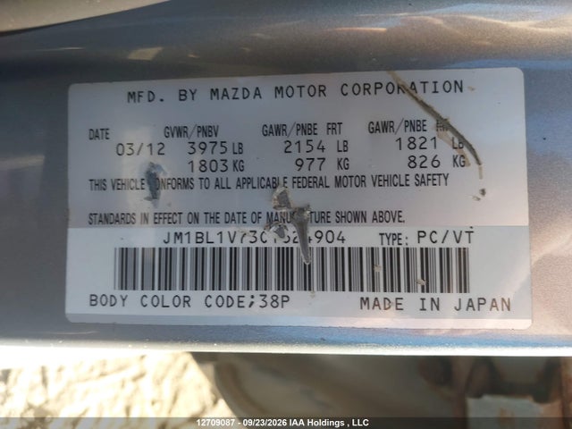 Aukcja sprzedaży 2012 Mazda 3 I, vin: JM1BL1V73C1624904, numer aukcji: 12709087