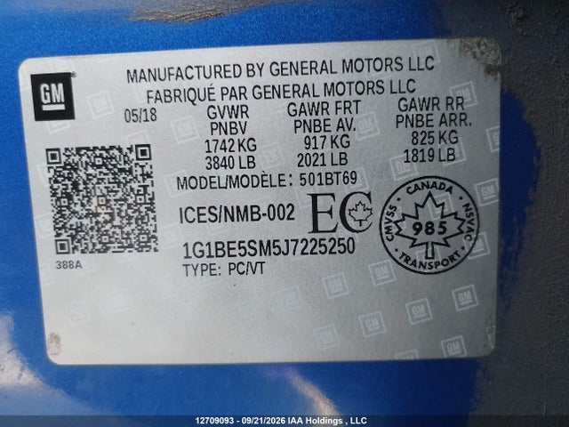 Chevrolet CRUZE LT 2018 1G1BE5SM5J7225250 Image 9