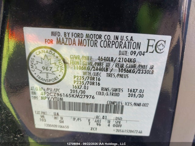 12709094 :رقم المزاد ، 4F2CZ96165KM27976 vin ، 2005 Mazda Tribute S مزاد بيع