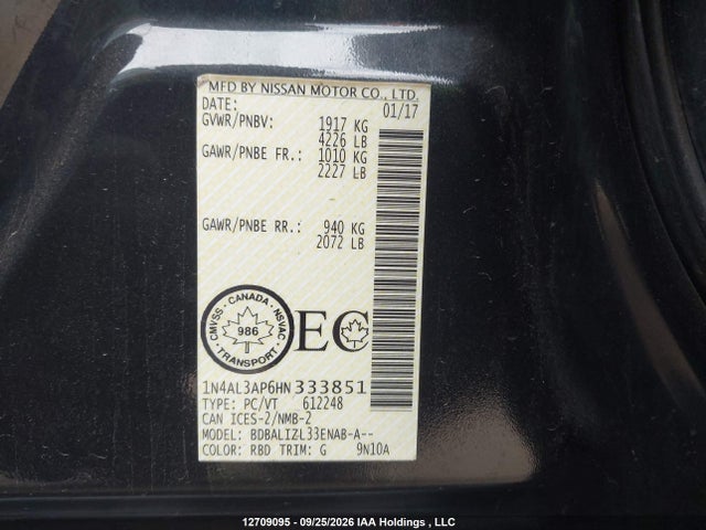 12709095 :رقم المزاد ، 1N4AL3AP6HN333851 vin ، 2017 Nissan Altima 2.5/s/sv/sl/sr مزاد بيع