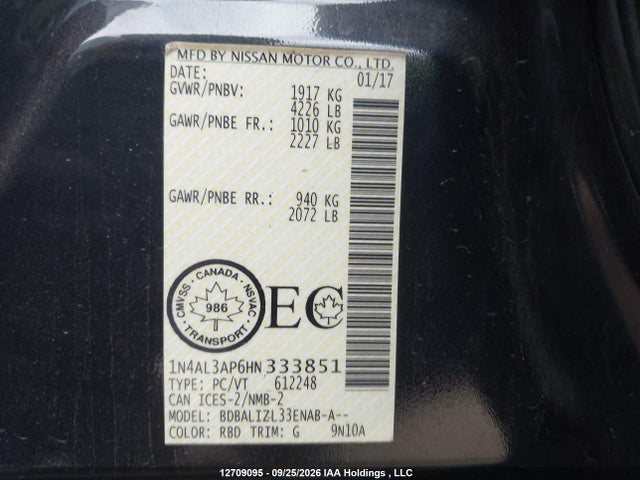 12709095 :رقم المزاد ، 1N4AL3AP6HN333851 vin ، 2017 Nissan Altima 2.5/s/sv/sl/sr مزاد بيع