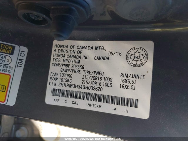Aukcja sprzedaży 2016 Honda Cr-v Lx, vin: 2HKRM3H34GH002620, numer aukcji: 12709102
