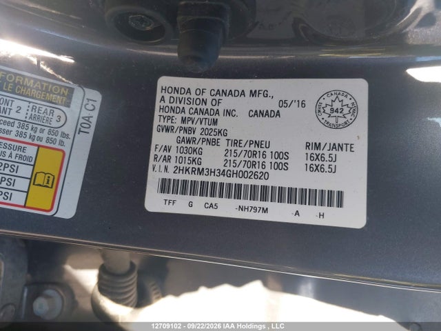 Aukcja sprzedaży 2016 Honda Cr-v Lx, vin: 2HKRM3H34GH002620, numer aukcji: 12709102