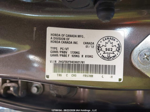 Aukcja sprzedaży 2012 Honda Civic Ex-l, vin: 2HGFB2F94CH021781, numer aukcji: 12709104