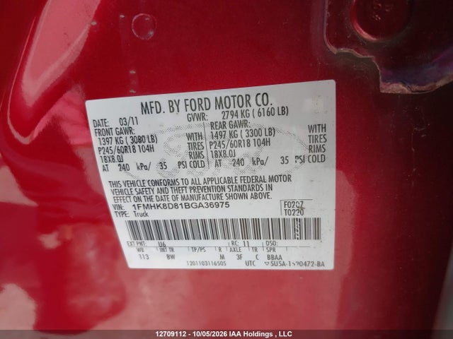12709112 :رقم المزاد ، 1FMHK8D81BGA36975 vin ، 2011 Ford Explorer مزاد بيع