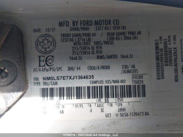 Продаж на аукціоні авто 2018 Ford Transit Connect Xl, vin: NM0LS7E7XJ1364635, номер лоту: 12709114