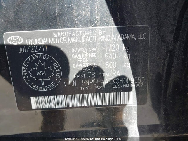 Aukcja sprzedaży 2012 Hyundai Elantra, vin: 5NPDH4AEXCH089059, numer aukcji: 12709115