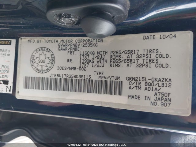 Aukcja sprzedaży 2005 Toyota 4runner Limited V6, vin: JTEBU17R358036115, numer aukcji: 12709132