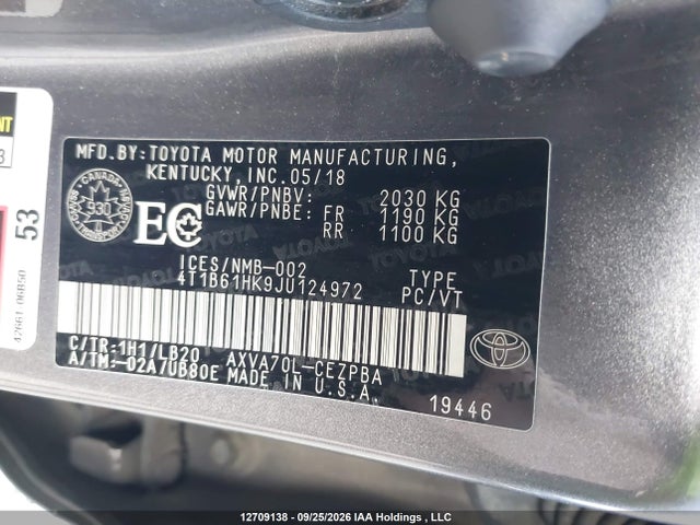 12709138 :رقم المزاد ، 4T1B61HK9JU124972 vin ، 2018 Toyota Camry Xse مزاد بيع