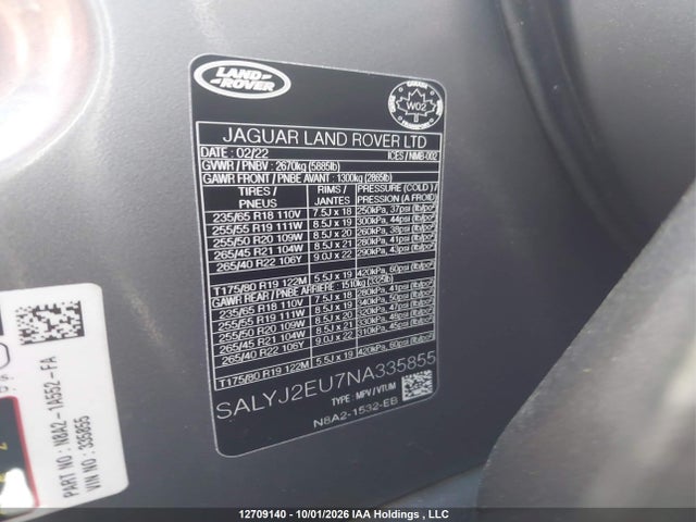 Продаж на аукціоні авто 2022 Land Rover Range Rover Velar P340 S, vin: SALYJ2EU7NA335855, номер лоту: 12709140
