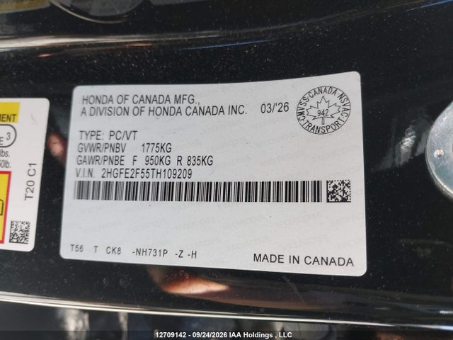 Продаж на аукціоні авто 2026 Honda Civic Sport, vin: 2HGFE2F55TH109209, номер лоту: 12709142