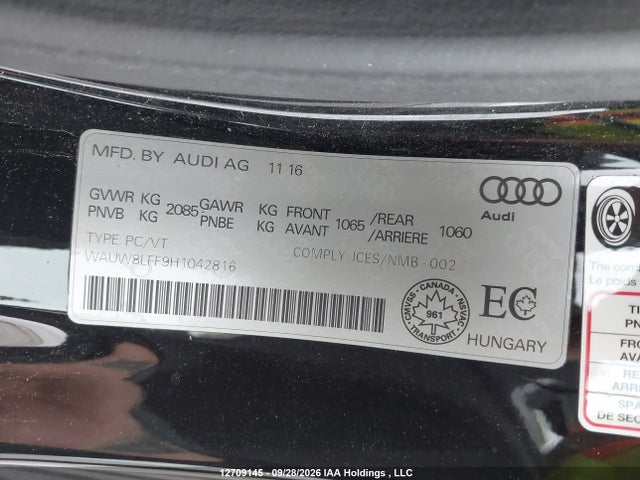 12709145 :رقم المزاد ، WAUW8LFF9H1042816 vin ، 2017 Audi A3 2.0t Technik مزاد بيع