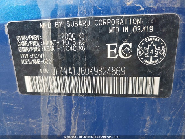2019 Subaru Wrx Sport-tech მანქანა იყიდება აუქციონზე, vin: JF1VA1J60K9824869, აუქციონის ნომერი: 12709153