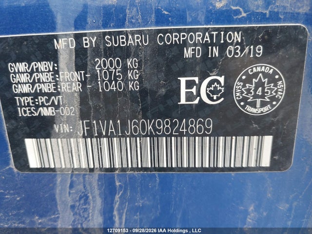2019 Subaru Wrx Sport-tech მანქანა იყიდება აუქციონზე, vin: JF1VA1J60K9824869, აუქციონის ნომერი: 12709153