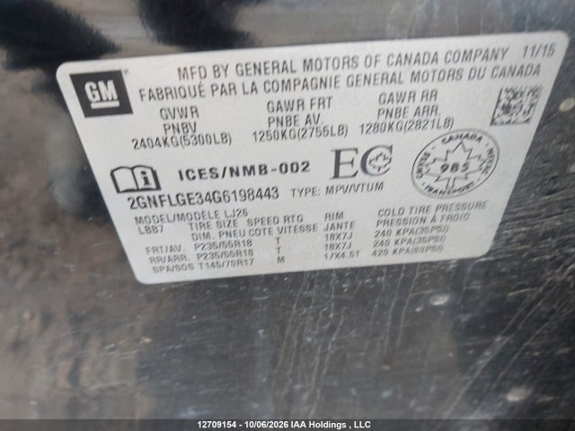 12709154 :رقم المزاد ، 2GNFLGE34G6198443 vin ، 2016 Chevrolet Equinox Ltz مزاد بيع