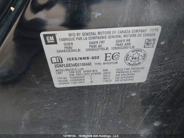 12709154 :رقم المزاد ، 2GNFLGE34G6198443 vin ، 2016 Chevrolet Equinox Ltz مزاد بيع