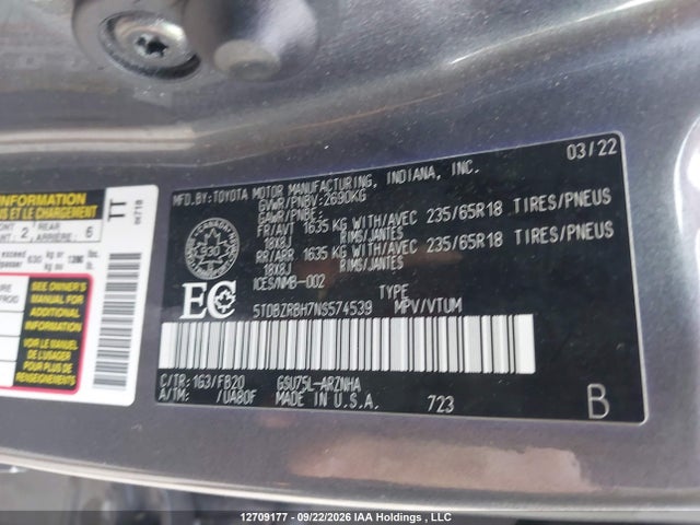 Toyota Highlander 2022 5TDBZRBH7NS574539 Image 9