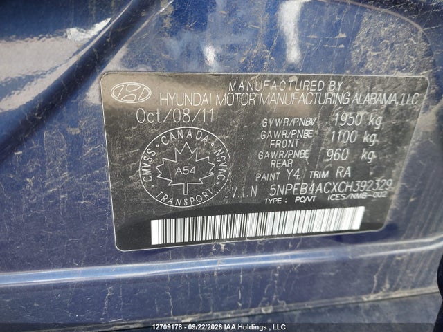 12709178 :رقم المزاد ، 5NPEB4ACXCH392329 vin ، 2012 Hyundai Sonata Gls مزاد بيع