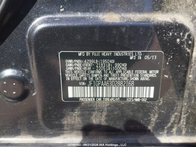 12709183 :رقم المزاد ، JF1GPAA63D2882168 vin ، 2013 Subaru Impreza مزاد بيع