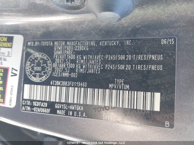 12709191 :رقم المزاد ، 4T3BK3BB3FU119460 vin ، 2015 Toyota Venza Le/xle/limited مزاد بيع