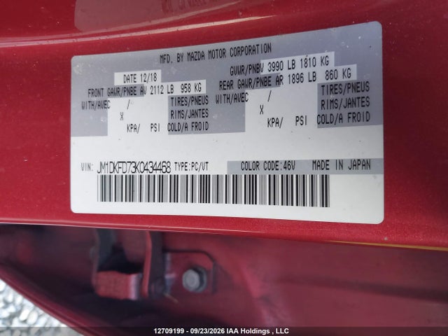 12709199 :رقم المزاد ، JM1DKFD73K0434468 vin ، 2019 Mazda Cx-3 Gt مزاد بيع