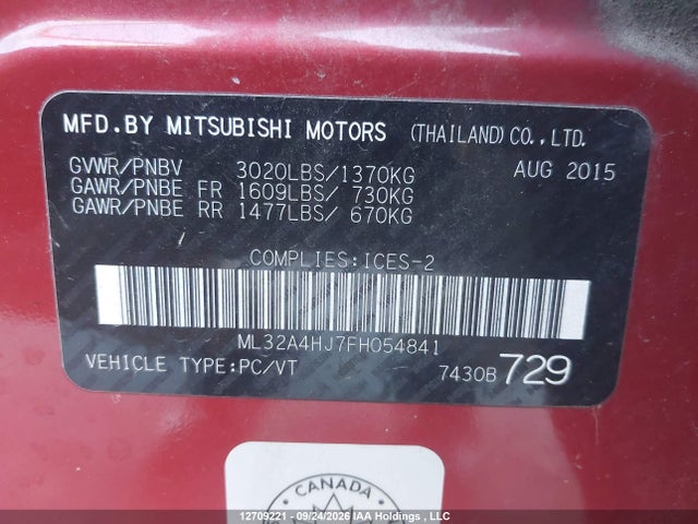 Aukcja sprzedaży 2015 Mitsubishi Mirage Es, vin: ML32A4HJ7FH054841, numer aukcji: 12709221