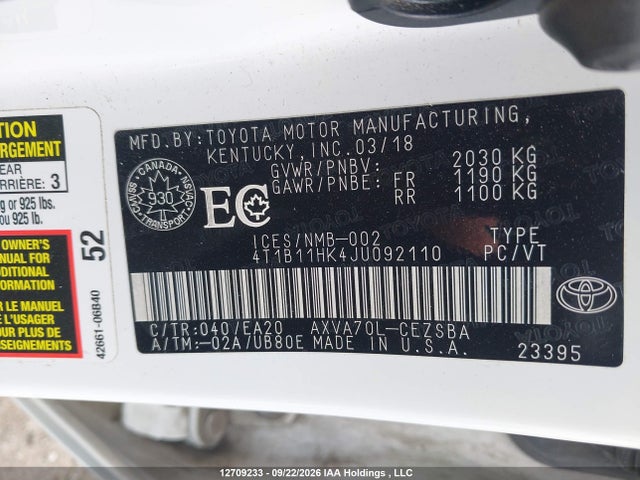 12709233 :رقم المزاد ، 4T1B11HK4JU092110 vin ، 2018 Toyota Camry L/le/xle/se/xse مزاد بيع