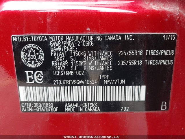 2T3JFREV9GW416534 Toyota RAV4 SE