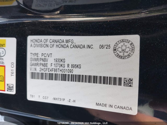Auction sale of the 2026 Honda Civic Sport Hybrid/sport Touring Hybrid, vin: 2HGFE4F86TH001090, lot number: 12709289