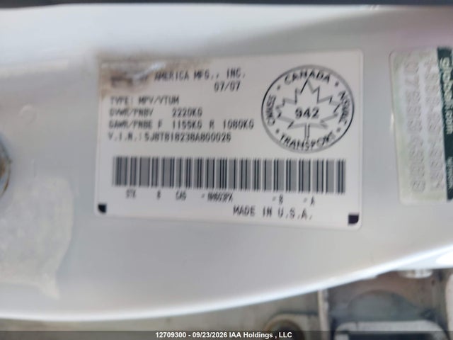 12709300 :رقم المزاد ، 5J8TB18238A800026 vin ، 2008 Acura Rdx مزاد بيع