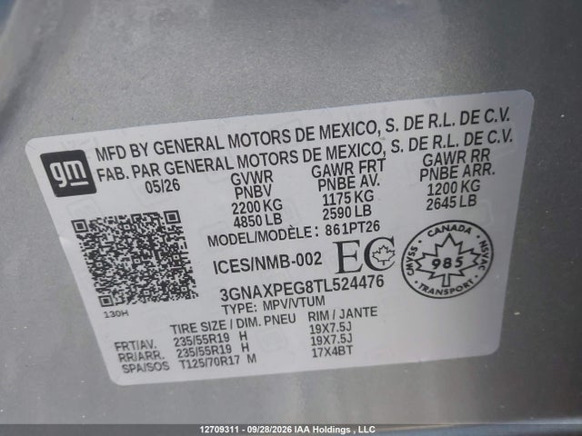 2026 Chevrolet Equinox Lt Awd მანქანა იყიდება აუქციონზე, vin: 3GNAXPEG8TL524476, აუქციონის ნომერი: 12709311