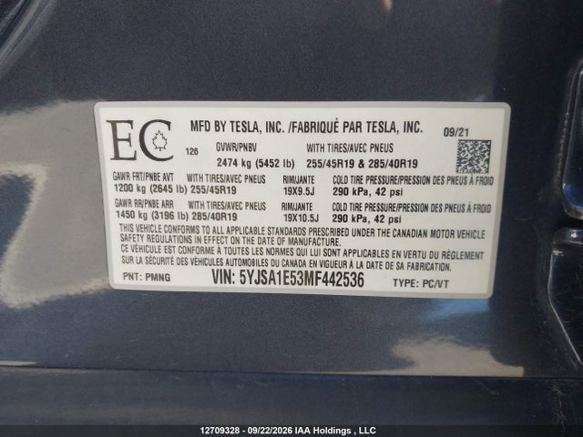 2021 Tesla Model S მანქანა იყიდება აუქციონზე, vin: 5YJSA1E53MF442536, აუქციონის ნომერი: 12709328