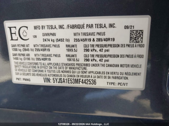 2021 Tesla Model S მანქანა იყიდება აუქციონზე, vin: 5YJSA1E53MF442536, აუქციონის ნომერი: 12709328