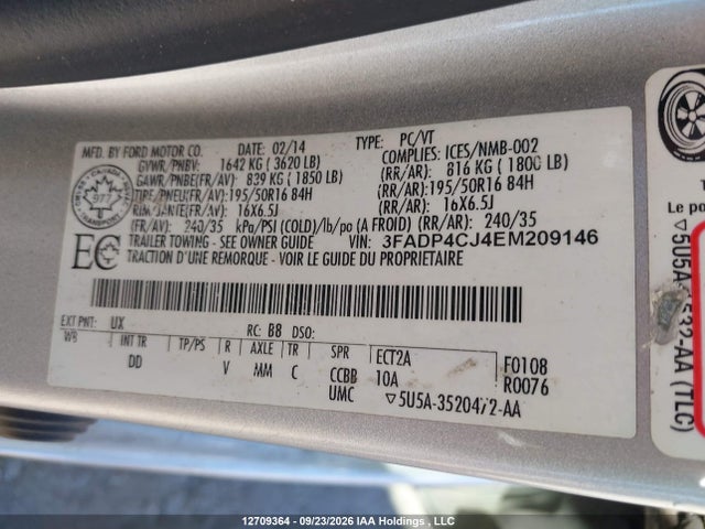 2014 Ford Fiesta Titanium მანქანა იყიდება აუქციონზე, vin: 3FADP4CJ4EM209146, აუქციონის ნომერი: 12709364
