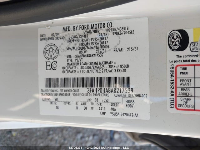 12709371 :رقم المزاد ، 3FAHP0HA8AR217539 vin ، 2010 Ford Fusion Se مزاد بيع